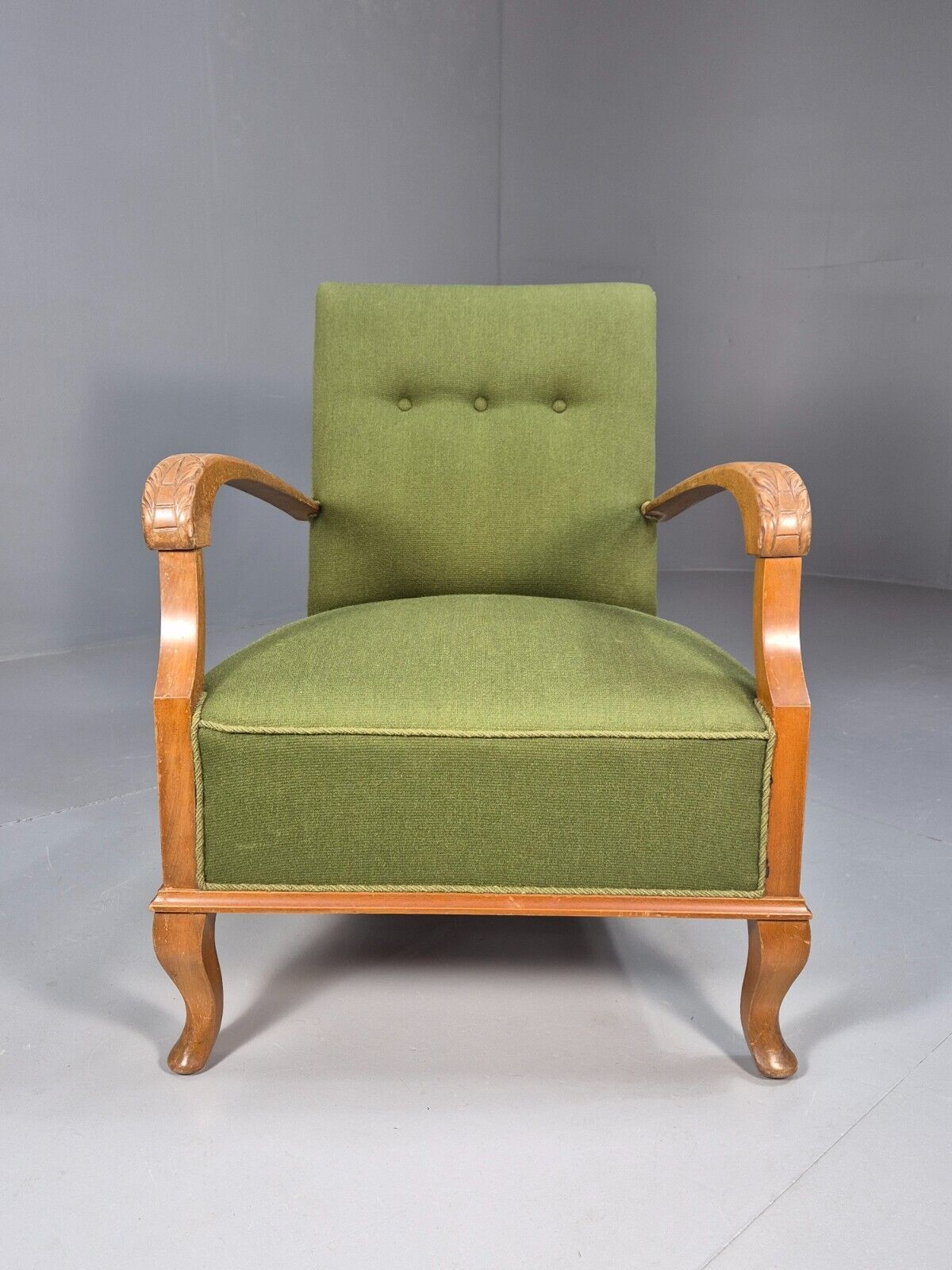 Vintage Danish Lounge Chair Green Wool Wood Arms Art Deco 1950s EB8973 VCLO - UKDK FURNITURE