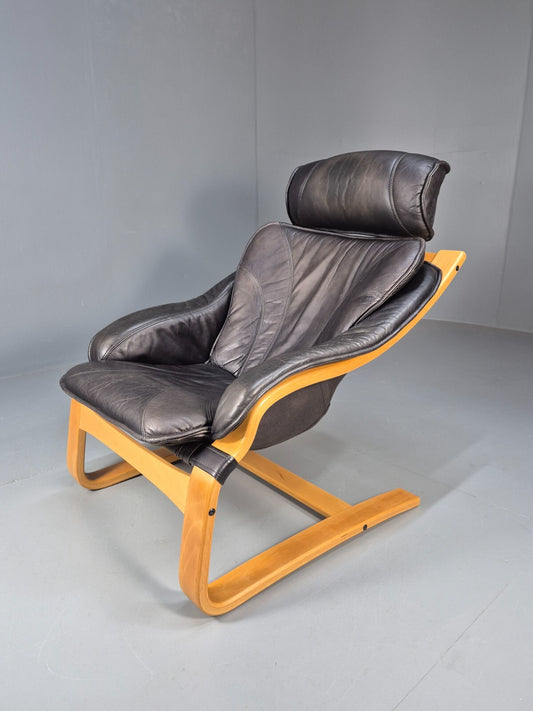 Vintage Danish Lounge Chair Black Leather and Bentwood 1980s Retro EB9496 MBEN - UKDK FURNITURE