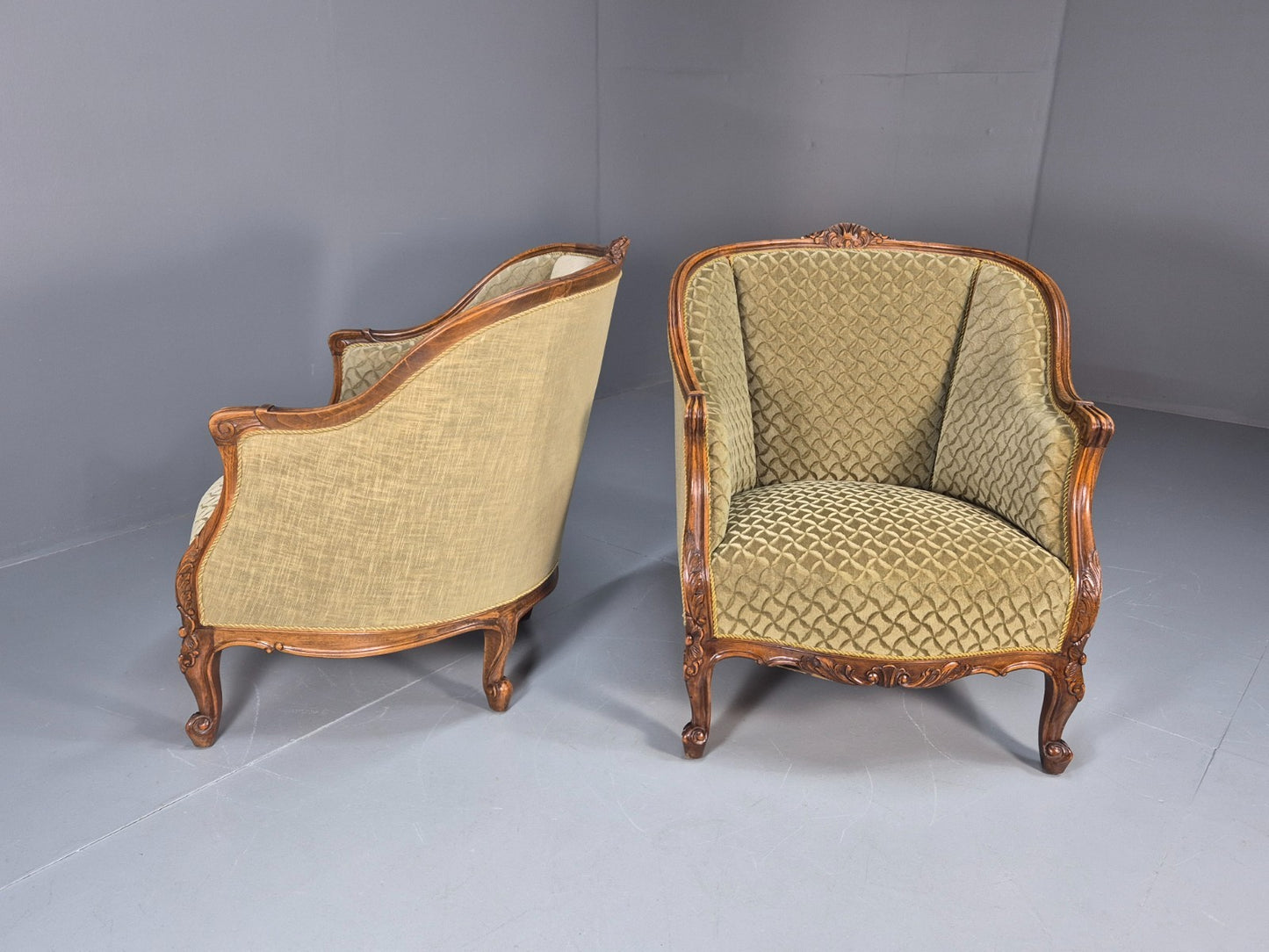 2 Antique Tub Chairs Oak Carved Frame Green Patterned Velvet 1920s EB10741 VCAR7