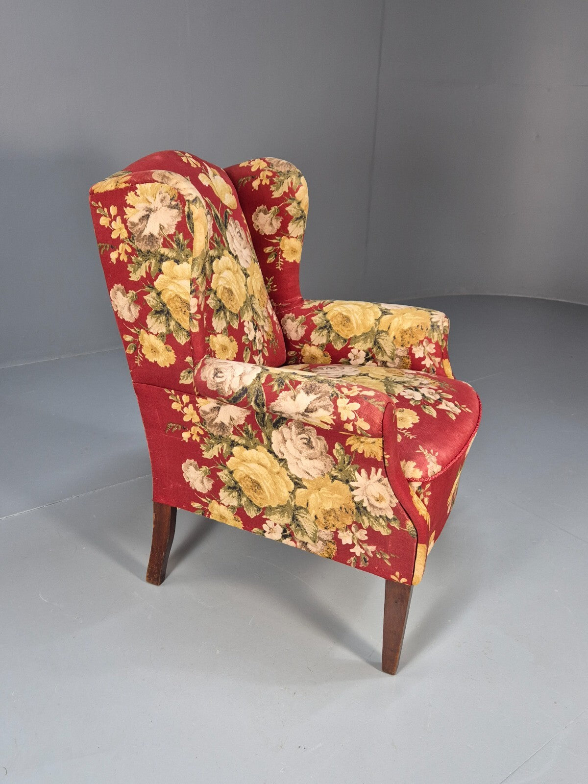 Vintage Danish Lounge Chair Wingback Floral Cotton Print 1950s Retro EB9540 MNOR - UKDK FURNITURE