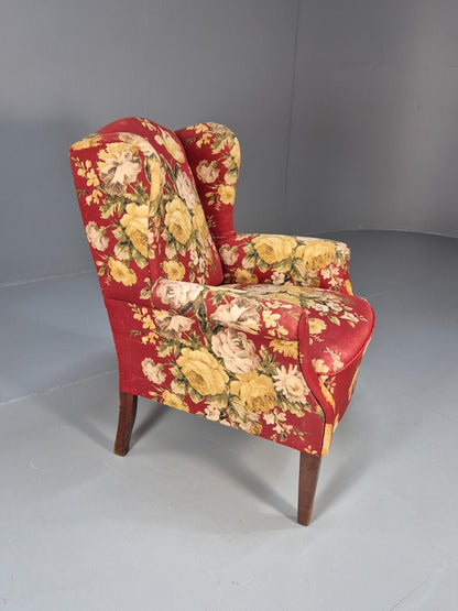 Vintage Danish Lounge Chair Wingback Floral Cotton Print 1950s Retro EB9540 MNOR - UKDK FURNITURE