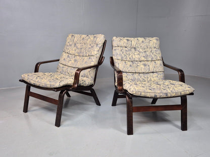 2 Vintage Danish Lounge Chairs Blue Floral Bentwood Retro 1980s MCM EB8337 MBEN - UKDK FURNITURE