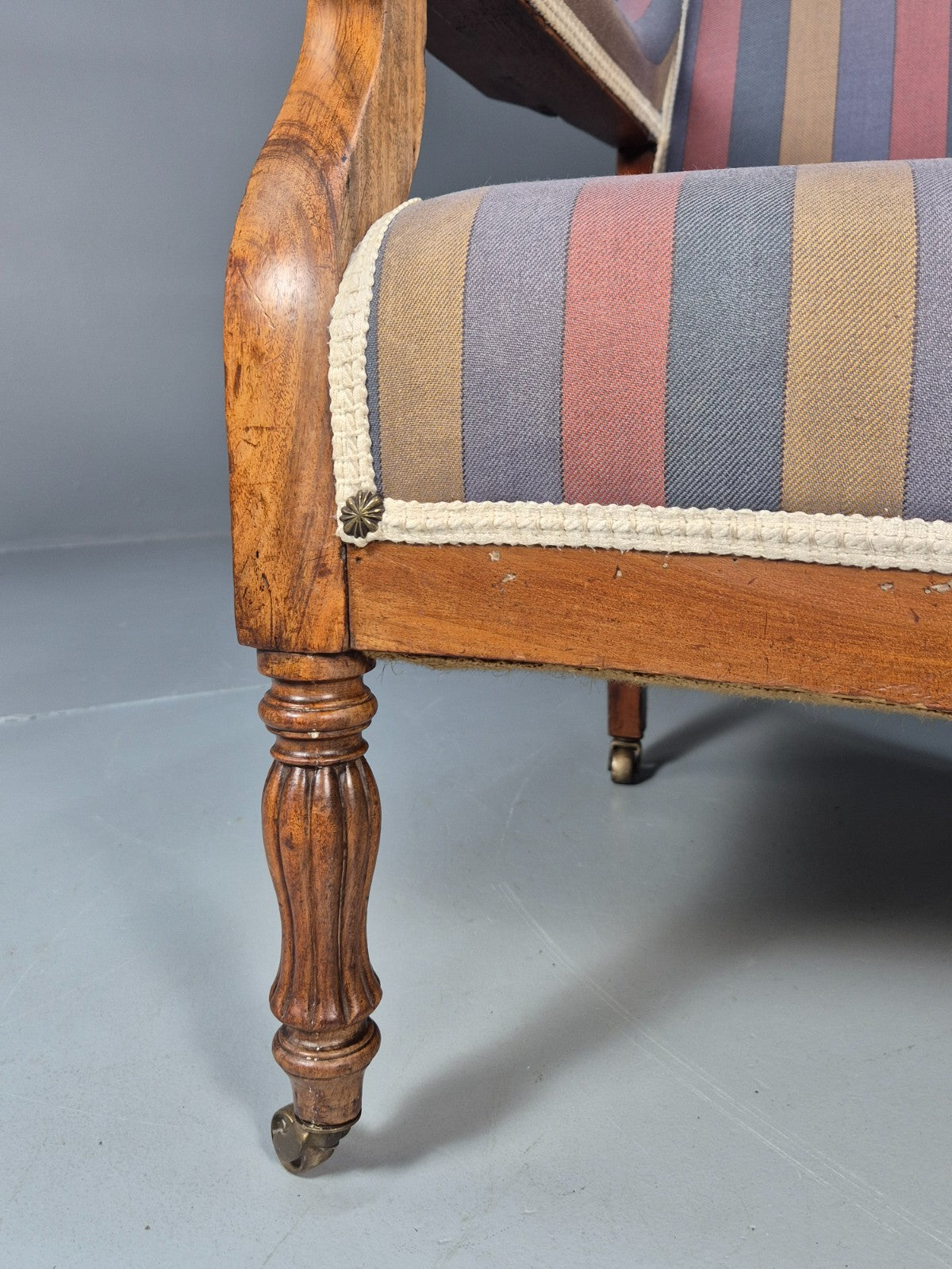 Antique Mahogany Lounge Chair Striped Cotton Upholstery EB10625 VCLO5