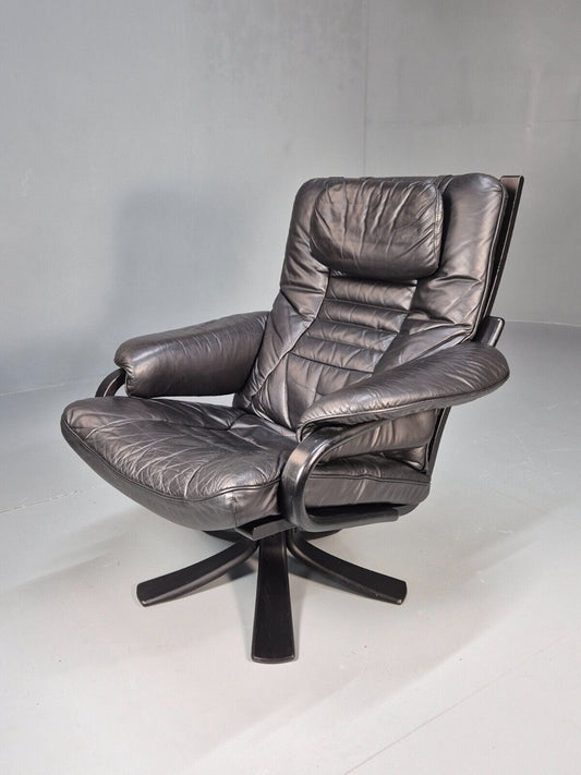 Vintage Danish Swivel Chair Black Leather Retro Seating EB8882 MSWI - UKDK FURNITURE