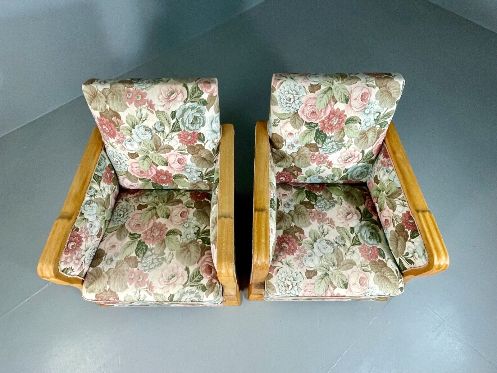 EB6654 2 Vintage Danish Lounge Chairs Floral Honey Oak Art Deco Antique VCLO - UKDK FURNITURE