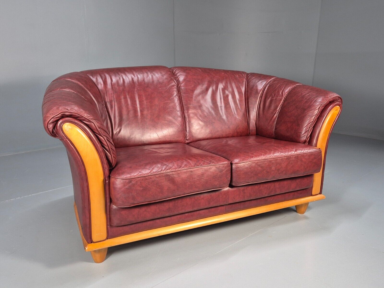 Vintage Danish 2 Seat Sofa Red Leather Wood Trim 1990s Retro EB8567 M2SS - UKDK FURNITURE