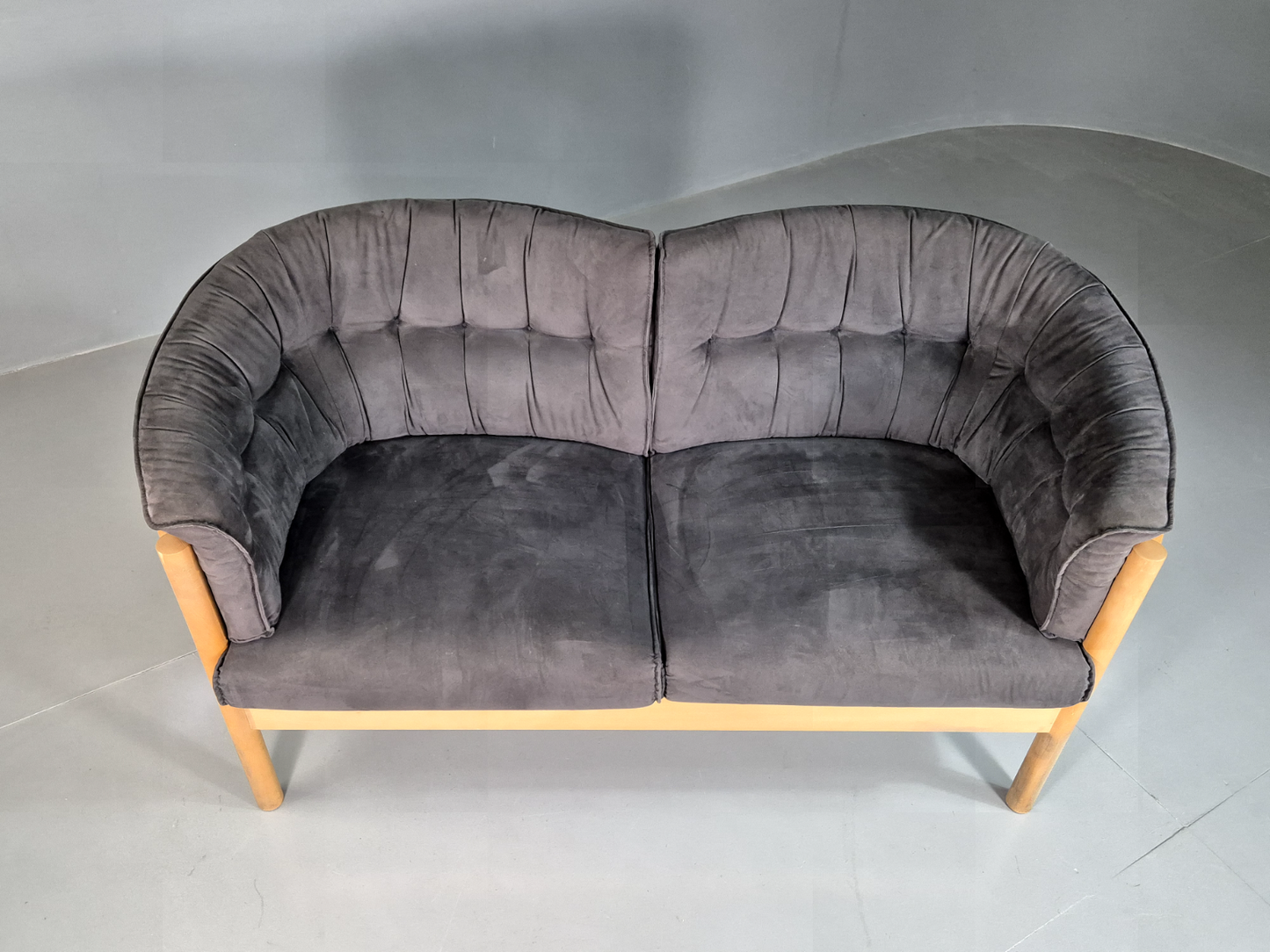 Vintage Danish 2 Seat Sofa Slate Velour Beech Frame Curved Retro MCM EB7198 M2SS - UKDK FURNITURE