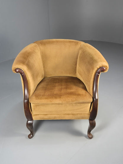 Vintage Danish Deco Era Tub Chair Gold Velour Mahogany 1930s EB9051 VCLO - UKDK FURNITURE