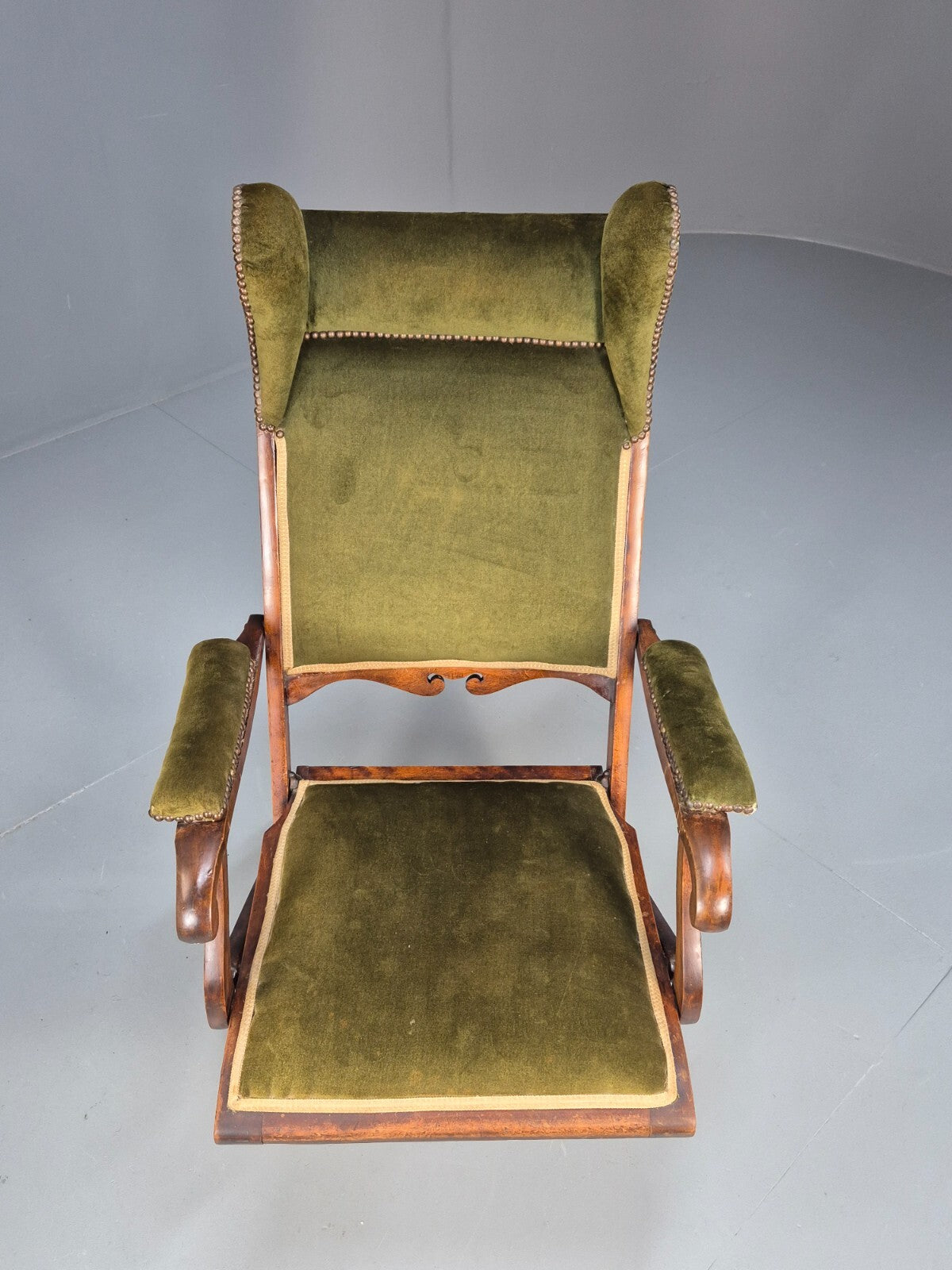 Antique Campaign Chair in Green Velour and Mahogany Victorian EB9696 VCLO - UKDK FURNITURE