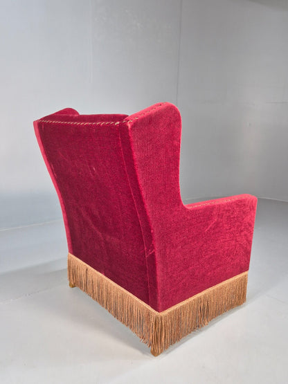 Vintage Danish Wingback Lounge Chair Red Velour Tassels 1940s Retro EB9614 VCLO - UKDK FURNITURE