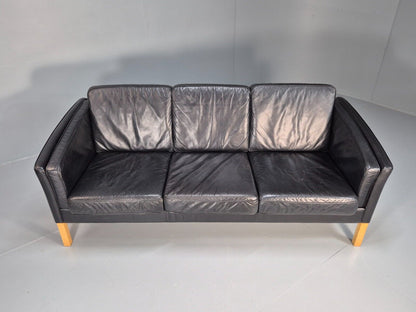 Vintage Danish 3 Seat Sofa Black Leather Straight back Arm Retro MCM EB8622 M3SS - UKDK FURNITURE