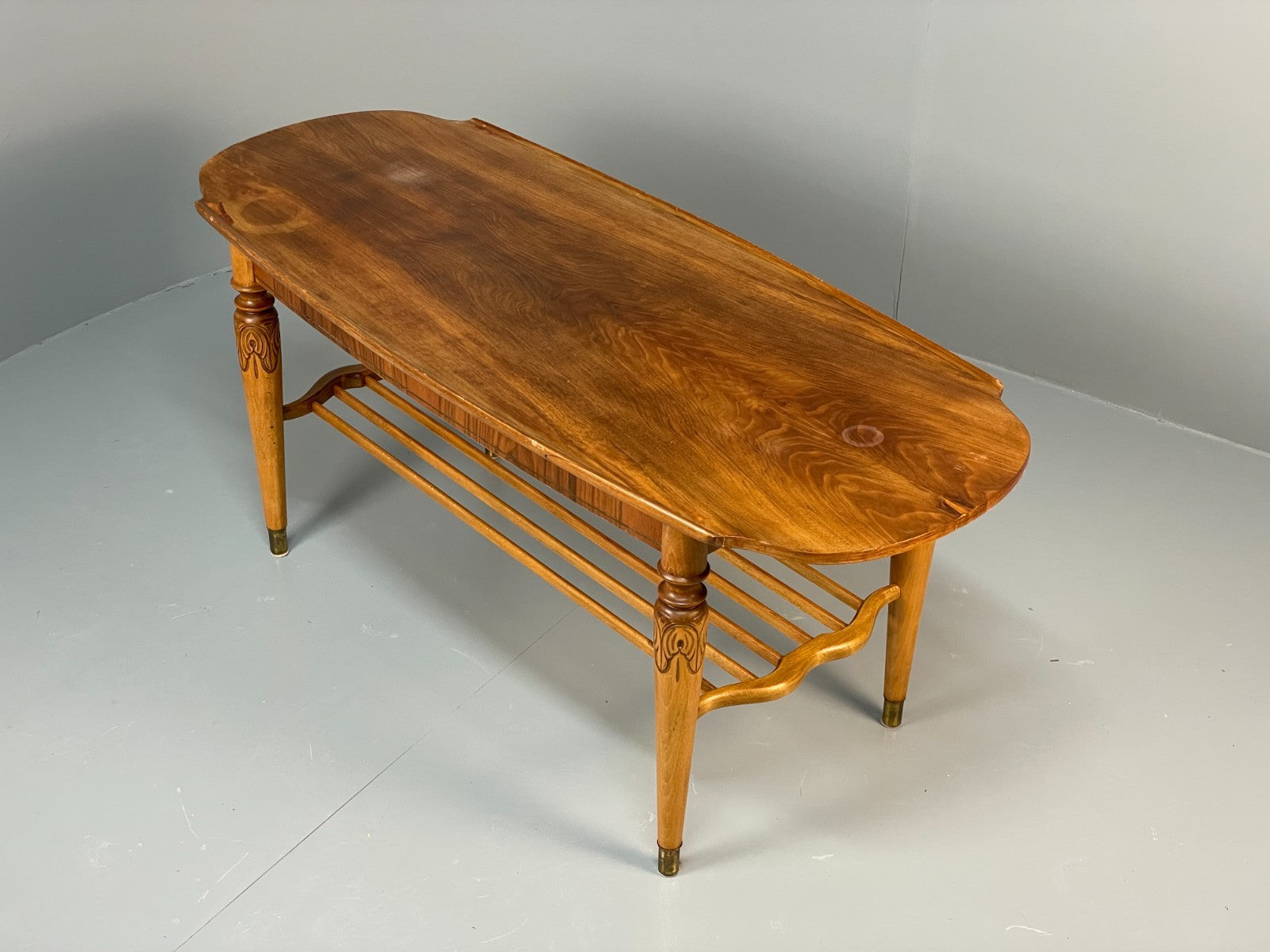 Vintage Walnut Coffee Table - Carved 1960s Magazine Rack Brass EB10874 MWOO21