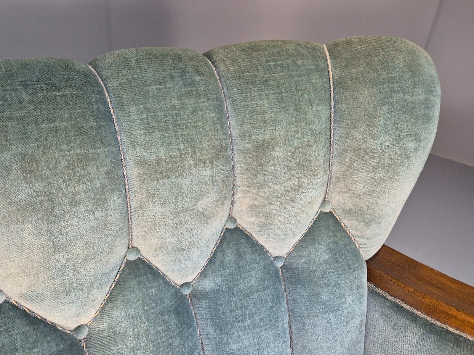 Vintage Danish Art Deco Sofa Blue Velvet Velour Oak Frame Shell Back EB9591 V3SS - UKDK FURNITURE