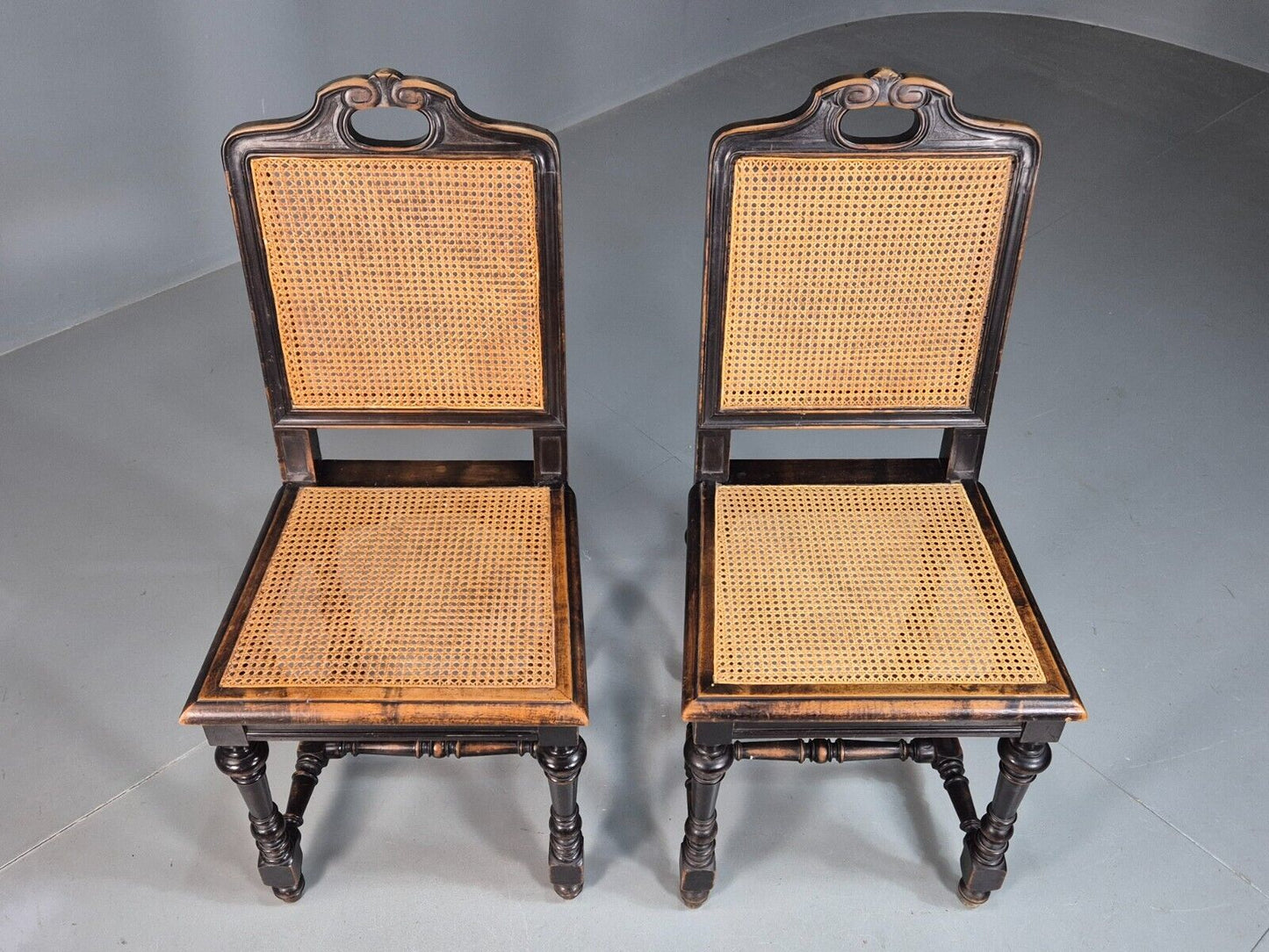 2 Vintage Dining Chairs Bergere Ebonised Aesthetic Movement Antique EB7975 VBER - UKDK FURNITURE