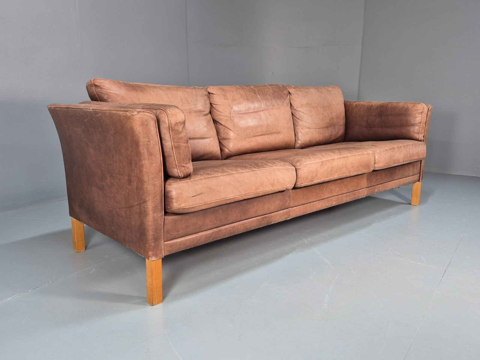 Retro Three Seater Sofa Brown Leather Danish Mid Century Design 70s EB10106 M3SS1