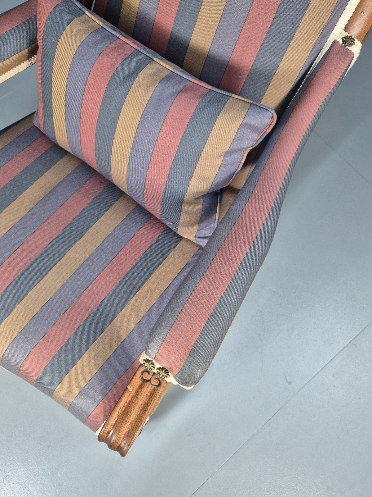 Antique Mahogany Lounge Chair Striped Cotton Upholstery EB10625 VCLO2