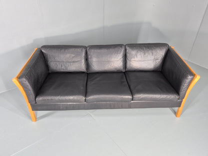 Vintage Stouby 3 Seat Sofa Danish Black Leather Beech End 1980s EB10556 M3SS4
