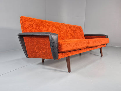 Vintage 3 Seater Sofa Vinyl Orange Velour 1960s Retro Mid Century EB11333 M3SS1