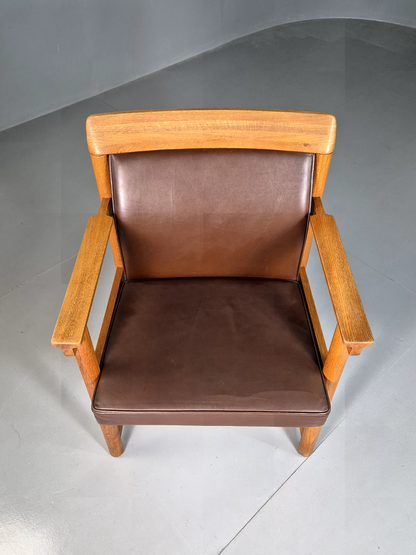 Vintage Scandinavian Elbow Chair Brown Leather Oak Frame Retro MCM EB7301 MNOR - UKDK FURNITURE