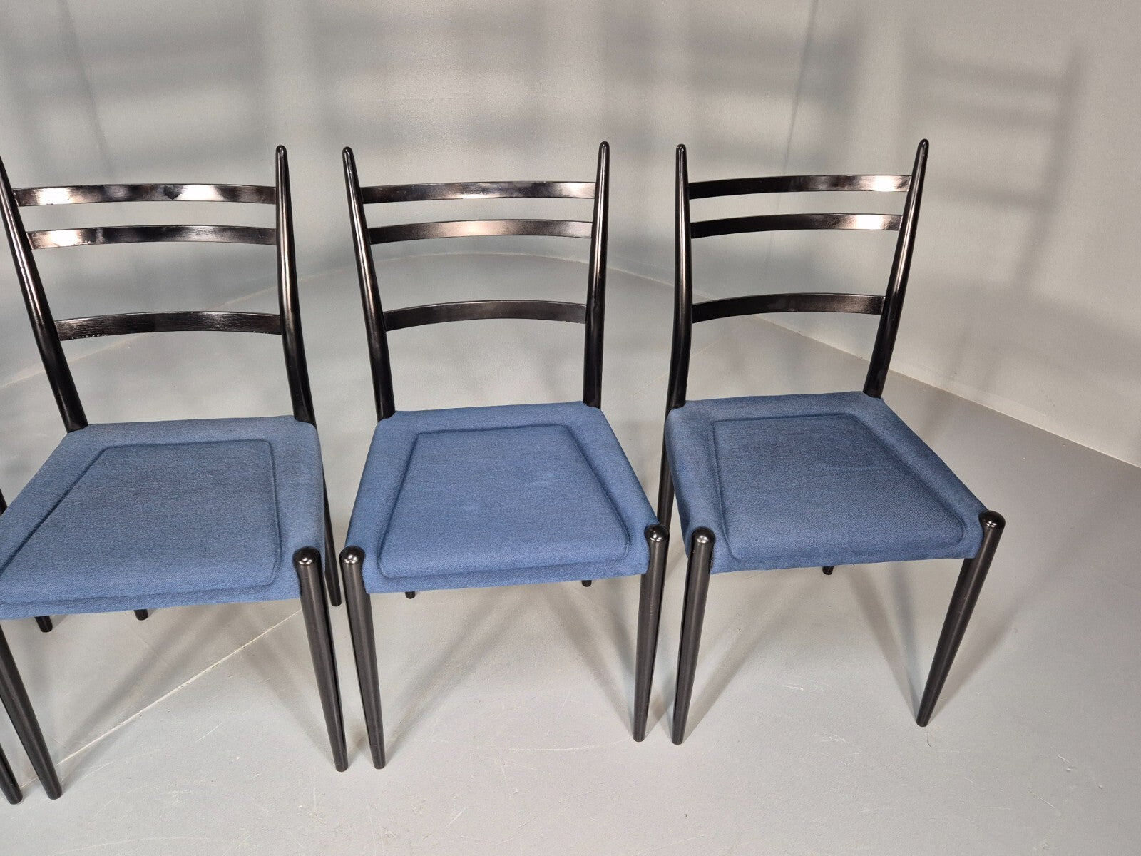 Vintage G Plan Dining Chairs Black Teak Blue Fabric Italian Style EB9488 MDIN - UKDK FURNITURE