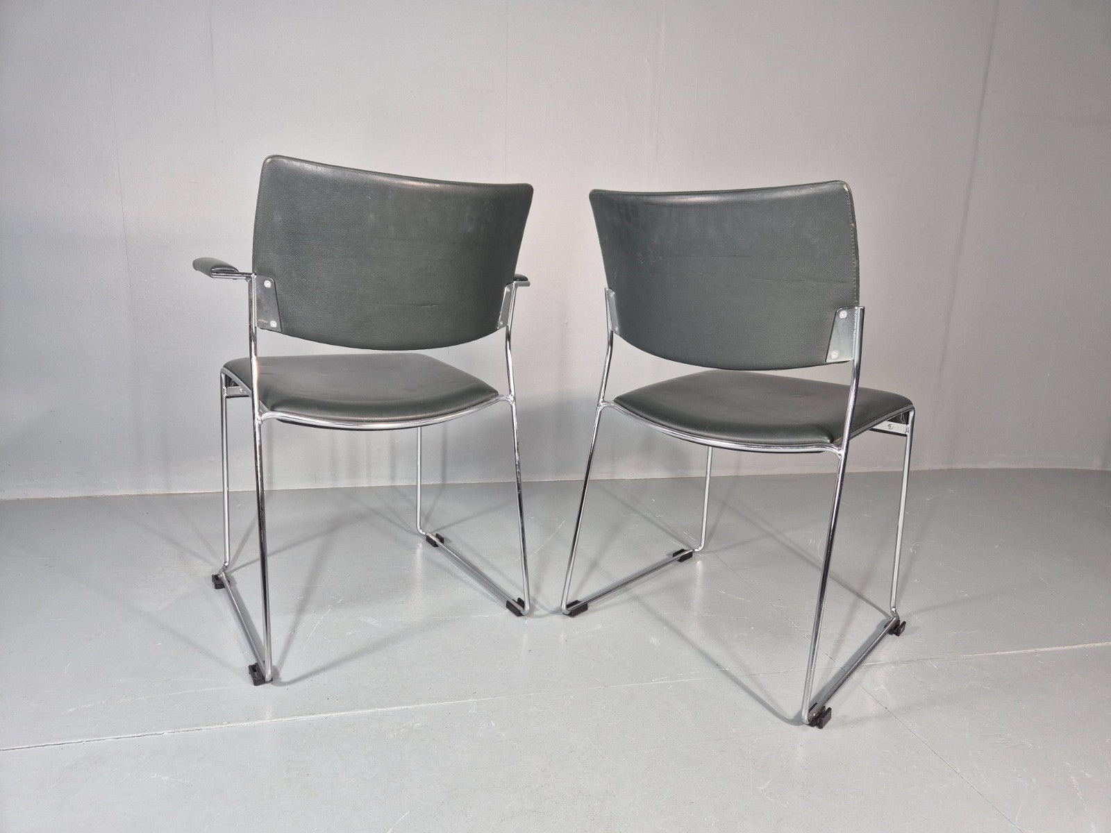 6 Leather Stacking Chairs Brunner Linos Dark Green Chrome Modern EB11736 MSTA5