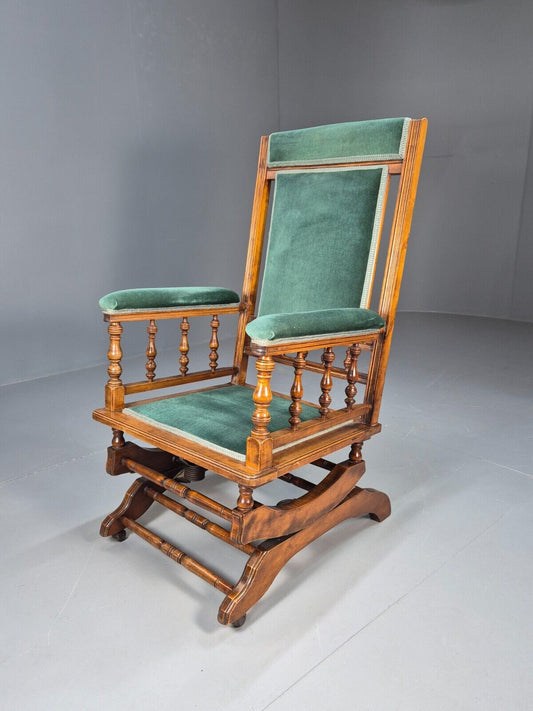 An Edwardian Mahogany Rocking Chair American Style Green Velvet EB9386 VCLO - UKDK FURNITURE