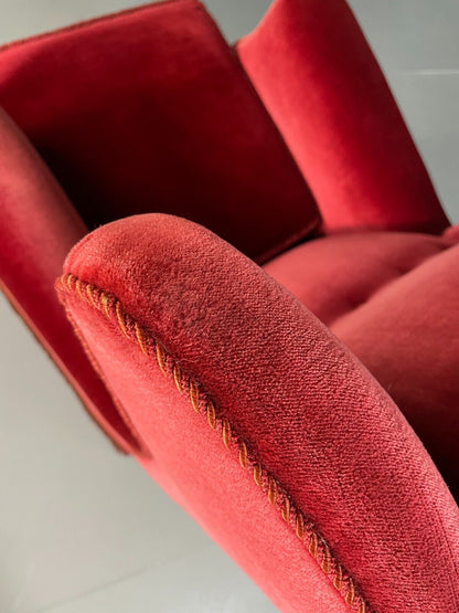 Vintage Danish Wingback Lounge Chair Red Velour Tassels 1940s Retro EB6450 VCLO - UKDK FURNITURE
