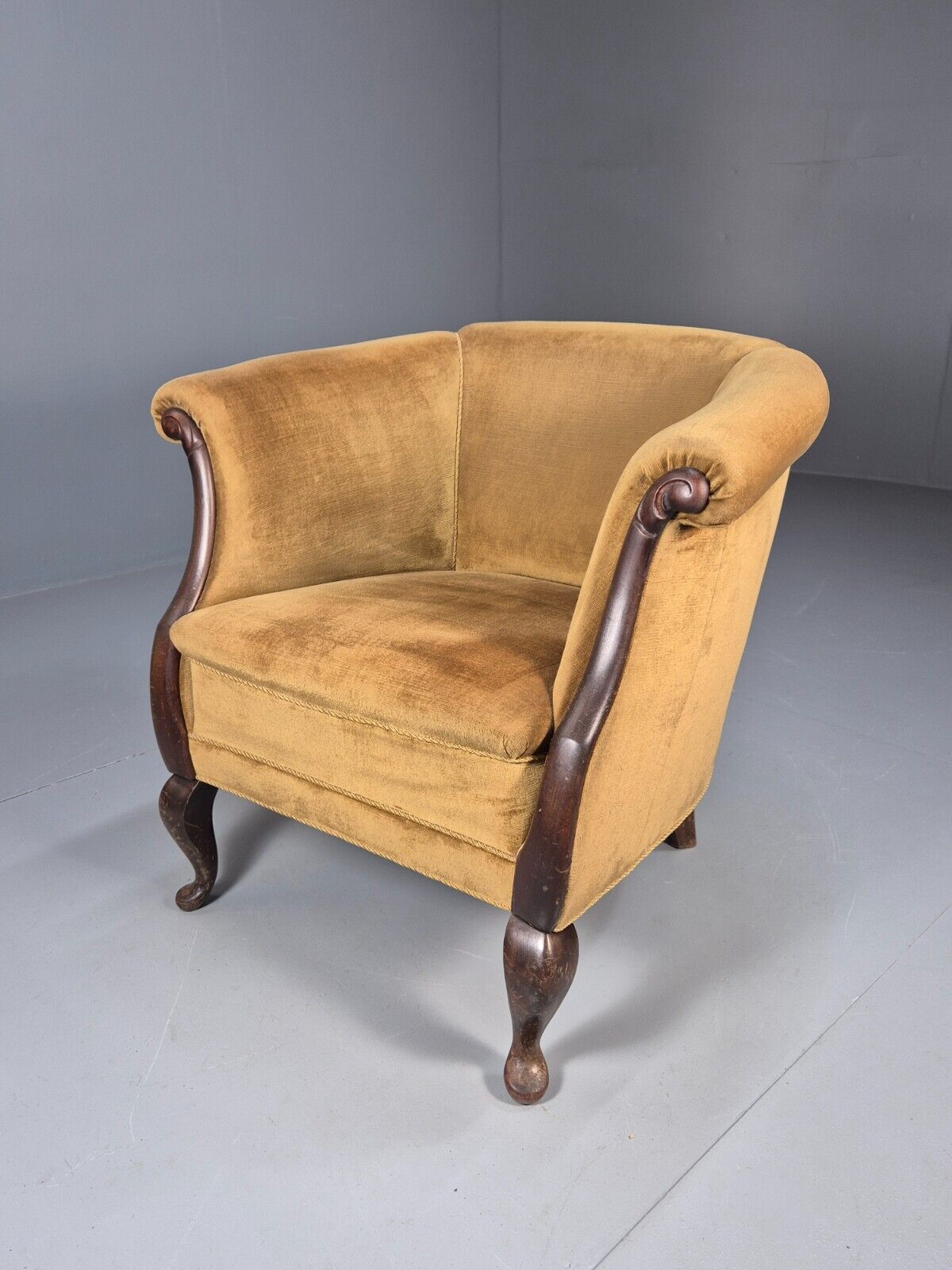 Vintage Danish Deco Era Tub Chair Gold Velour Mahogany 1930s EB9051 VCLO - UKDK FURNITURE