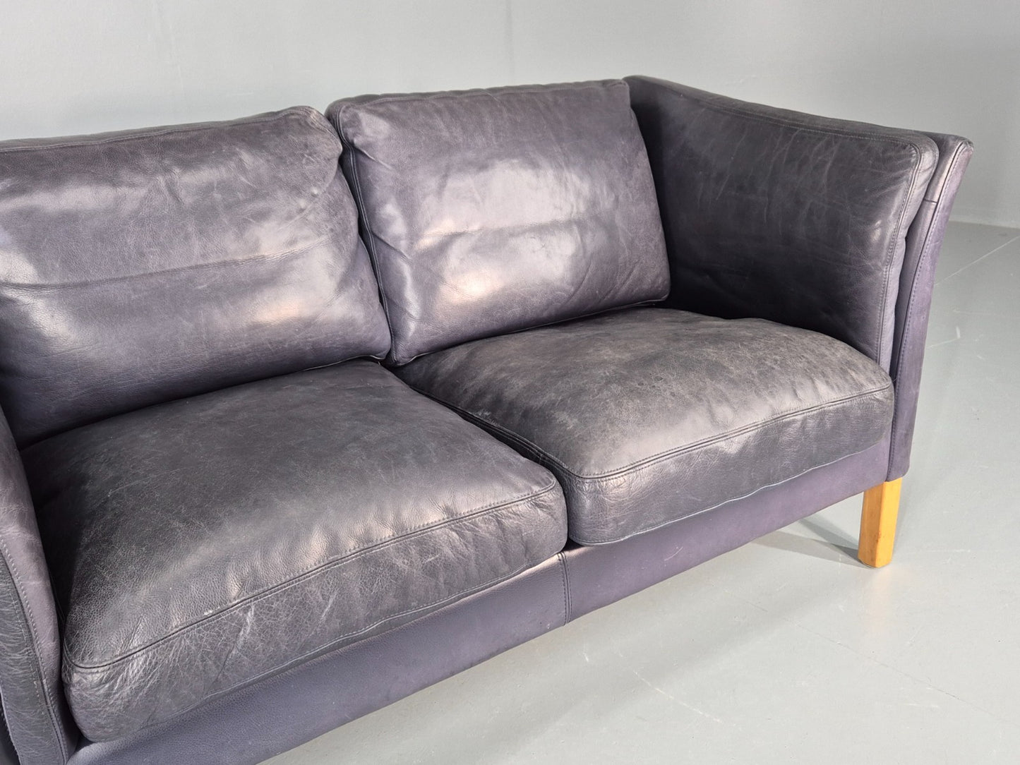 Vintage 2 Seater Sofa Danish Blue Leather Mid Century 1980s Retro EB9069 M2SS3