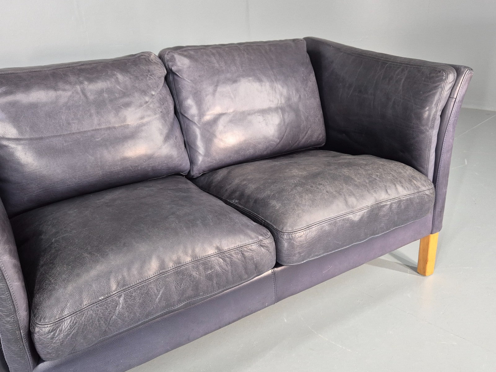Vintage 2 Seater Sofa Danish Blue Leather Mid Century 1980s Retro EB9069 M2SS3