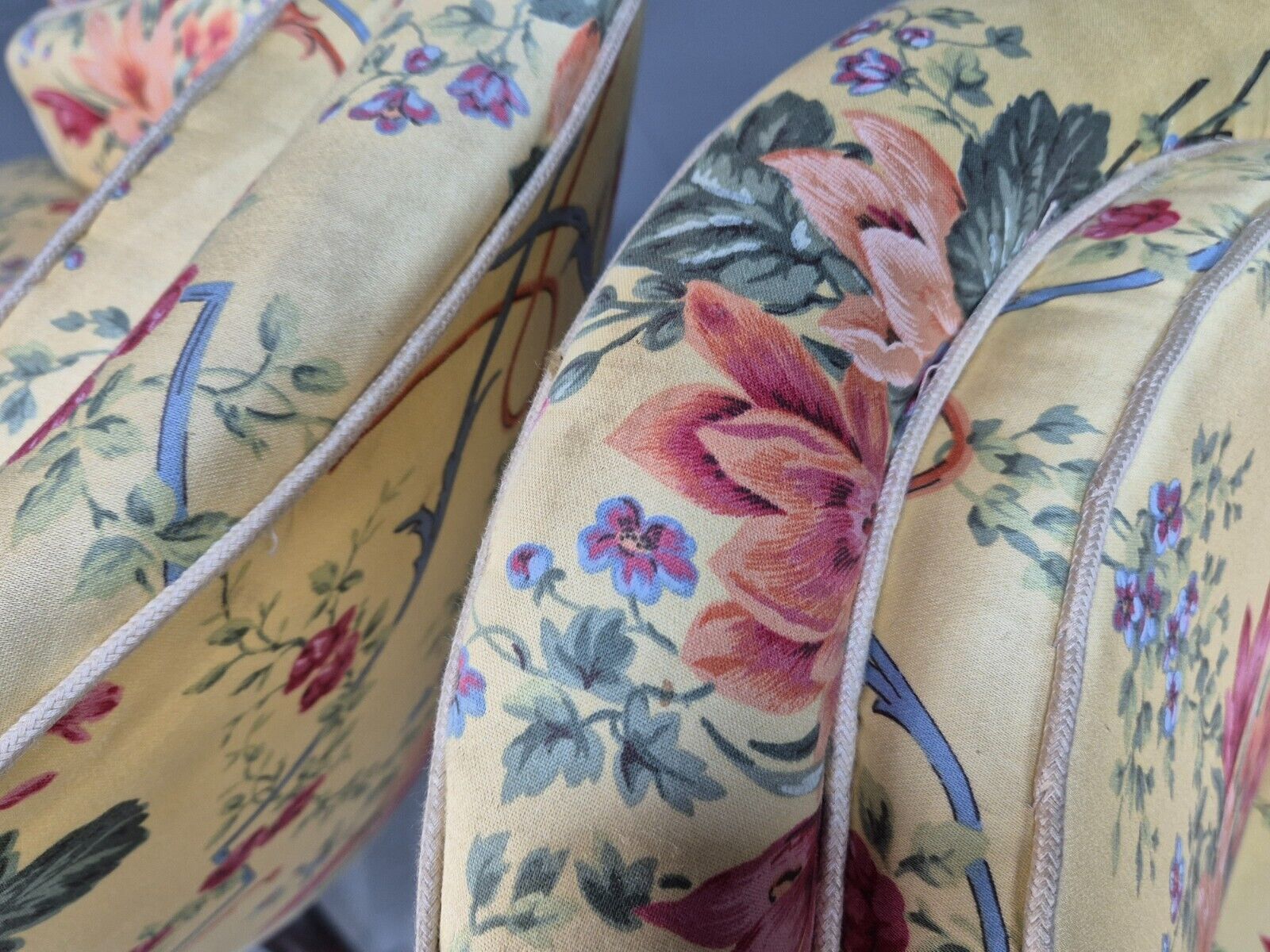 Pair Vintage Danish Floral Print Antique Tub Chairs Walnut Legs EB9012 VCLO - UKDK FURNITURE