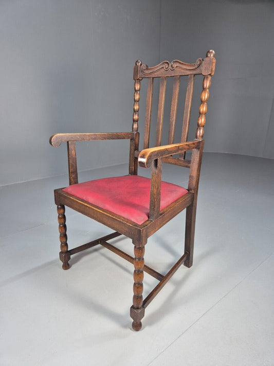 Vintage Elbow Chair Red Vinyl Oak Frame 1920s Antique EB9134 VDIN - UKDK FURNITURE