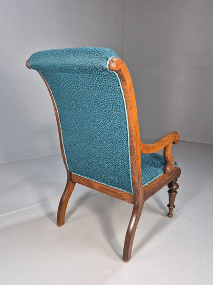 Antique Danish Oak Armchair Blue Pattern Fabric Vintage Design EB9625 VCLO - UKDK FURNITURE