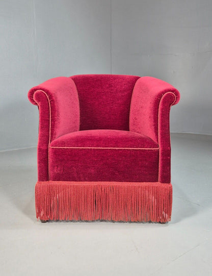 Vintage Danish Red Velour Tub Chair With Tassels Cabriole Legs EB8013 VCLO - UKDK FURNITURE