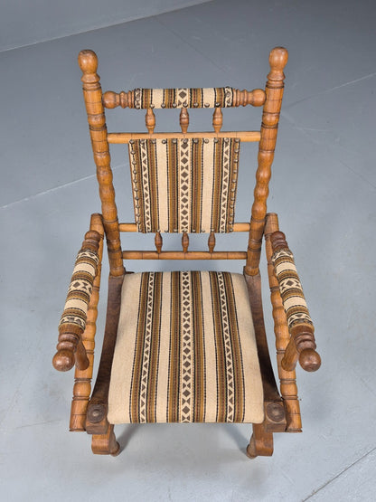 Vintage Childs American Style Rocking Chair Oak and Stripe Wool EB9577 MNOR - UKDK FURNITURE
