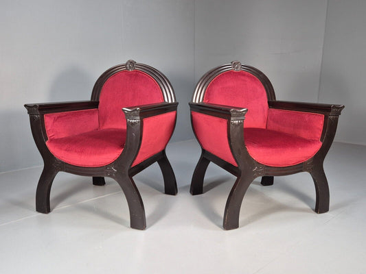 2 Vintage Danish Lounge Chairs Red Velour Mahogany Gondola Style EB8997 VCLO - UKDK FURNITURE