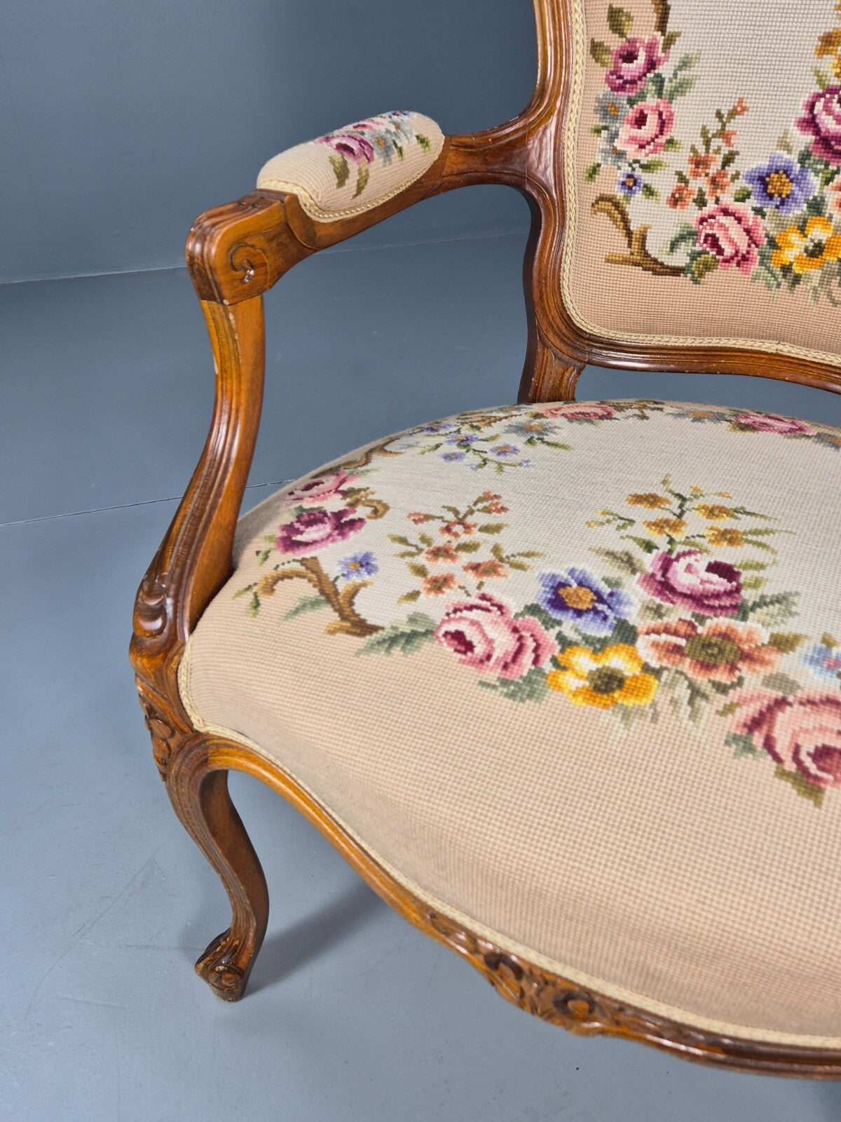 Vintage Armchair Embroidered Floral Pattern Louis XVI Style Beech EB9564 VCLO - UKDK FURNITURE