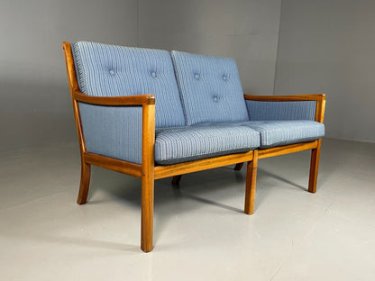 Vintage Danish 2 Seat Sofa Mahogany Frame Blue Cotton Wanscher MCM EB6970 M2SS - UKDK FURNITURE