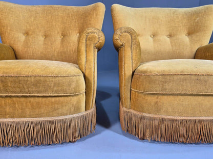 Pair Of Vintage Danish Gold Velour Armchairs Tassels Art Deco Style EB8068 VCLO - UKDK FURNITURE