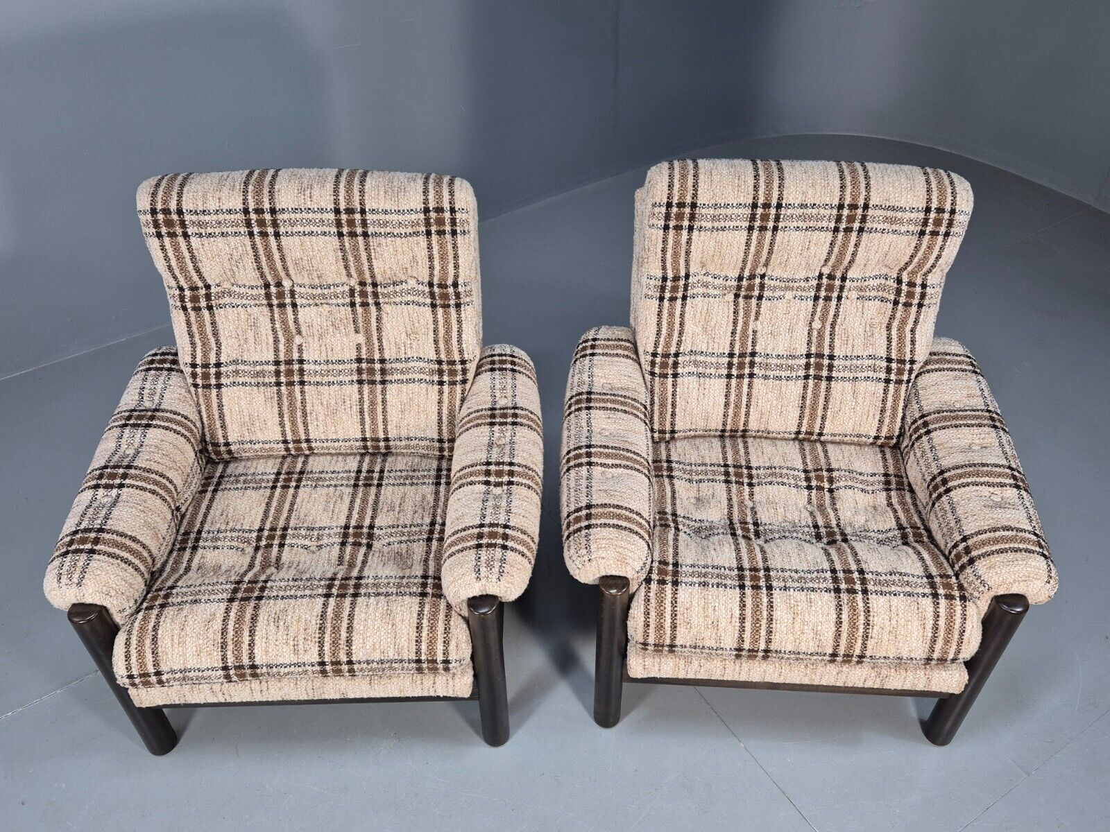 2 Vintage Danish Lounge Chair Brown and Cream Wool Retro 1970s MCM EB8494 MNOR - UKDK FURNITURE