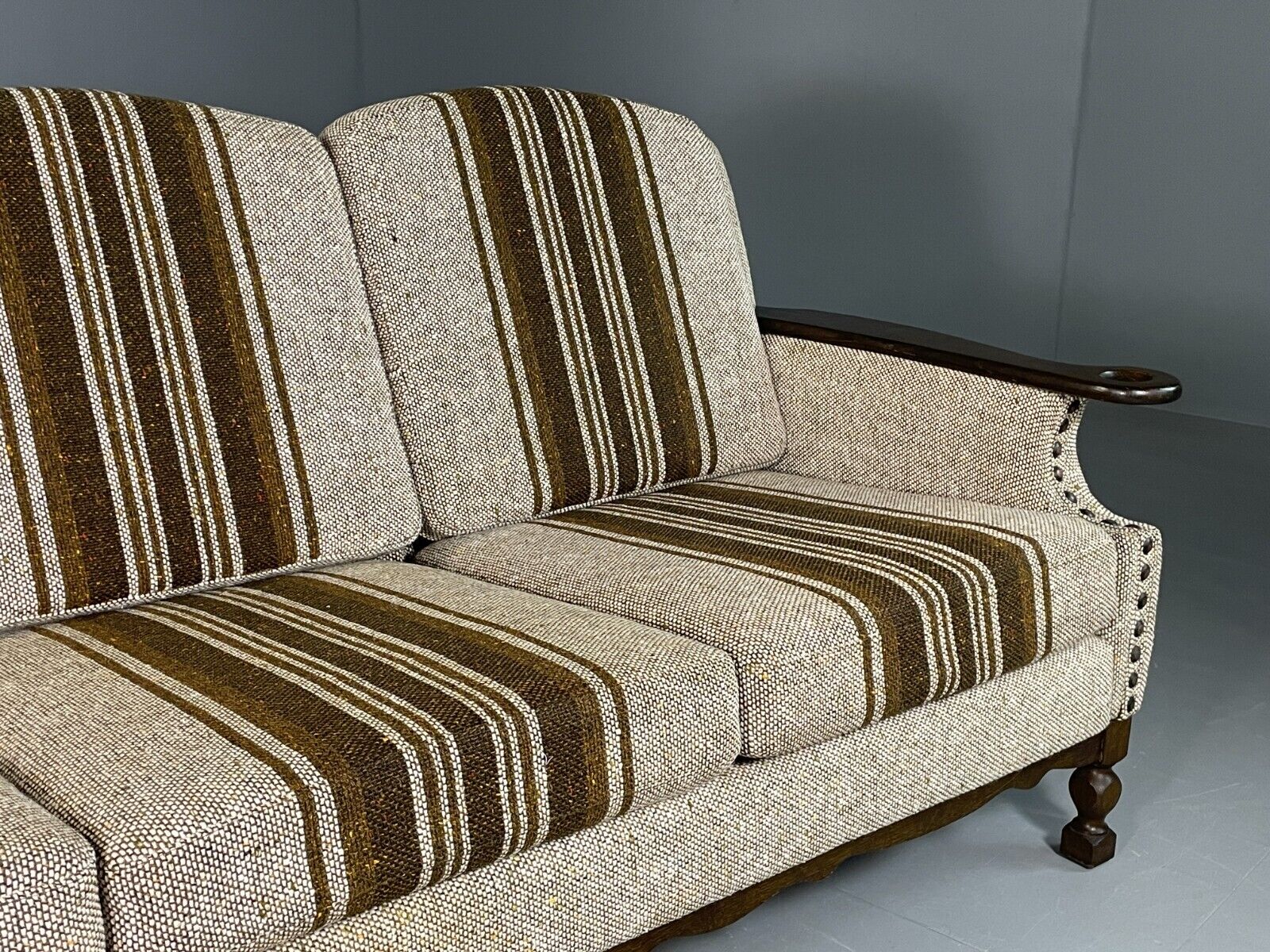 Vintage Danish 3 Seat Sofa Cream and Green Wool Oak Frame Retro 1970 EB6735 M3SS - UKDK FURNITURE