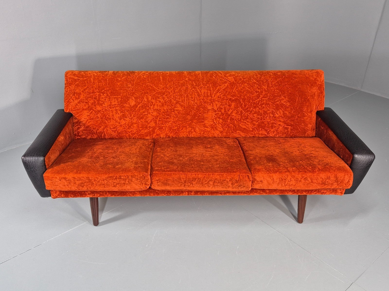 Vintage 3 Seater Sofa Vinyl Orange Velour 1960s Retro Mid Century EB11333 M3SS4