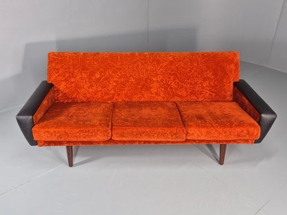 Vintage 3 Seater Sofa Vinyl Orange Velour 1960s Retro Mid Century EB11333 M3SS4