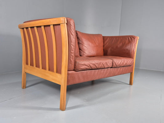Vintage Stouby 2 Seat Sofa Reddy Brown Leather Beech Ends Retro EB10509 M2SS1