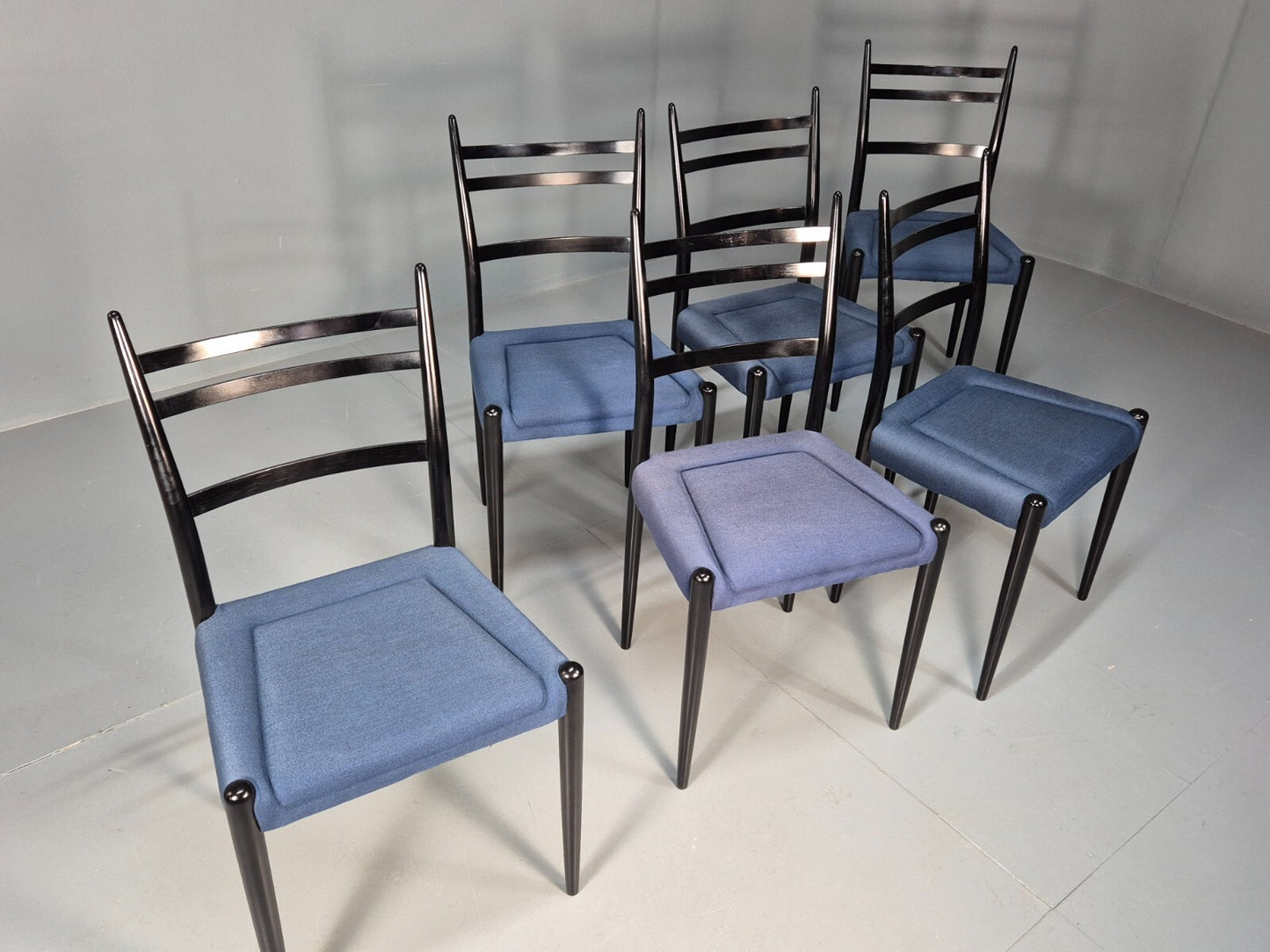 Vintage G Plan Dining Chairs Black Teak Blue Fabric Italian Style EB9488 MDIN - UKDK FURNITURE