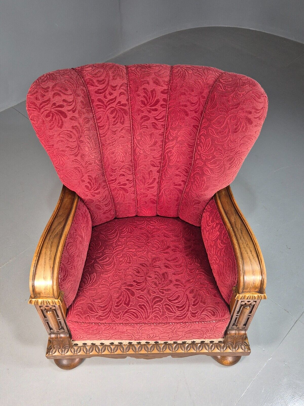 Vintage Danish Lounge Chair Red Moquette Oak Shell Back Antique 1930 EB8280 VCLO - UKDK FURNITURE