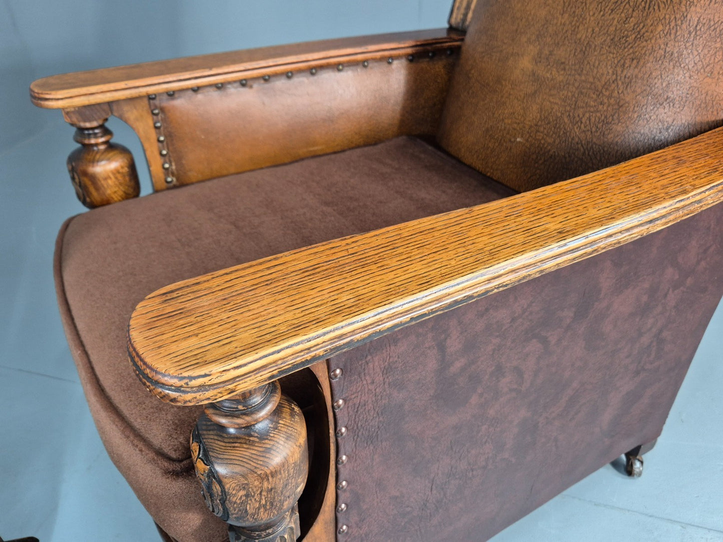 2 Edwardian Lounge Chairs Baroque Oak Frame Rexine and Velour EB11264 VLEA22