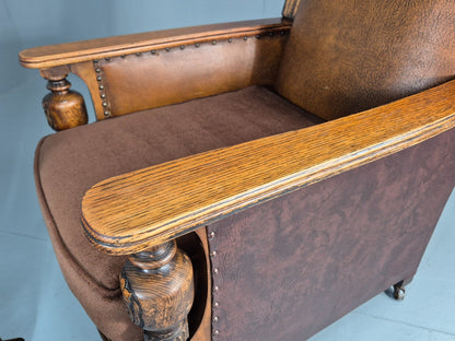 2 Edwardian Lounge Chairs Baroque Oak Frame Rexine and Velour EB11264 VLEA22