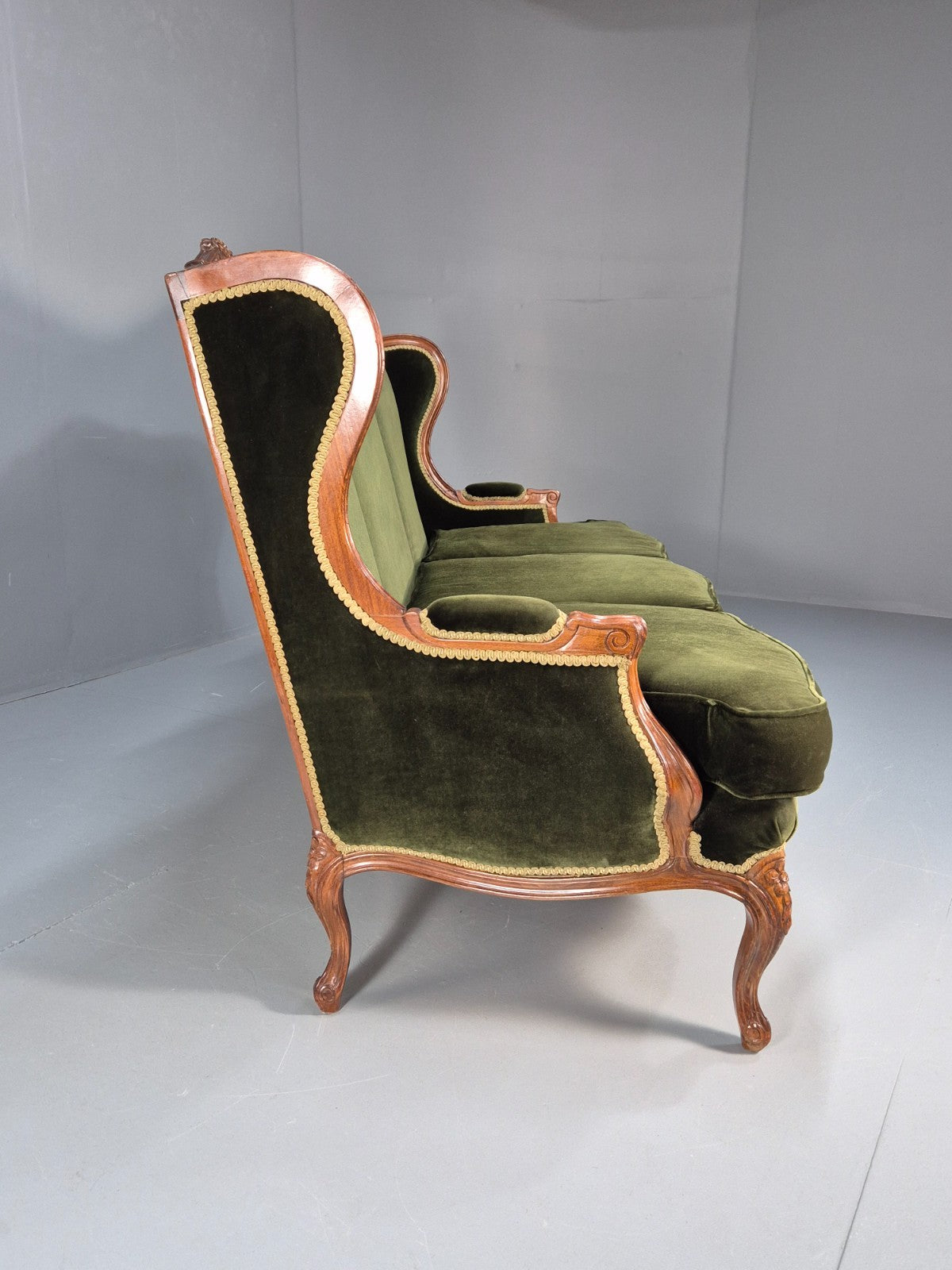 Vintage Rococo Style Three Seater Sofa Green Velour Carved Frame   EB10567 V3SS13