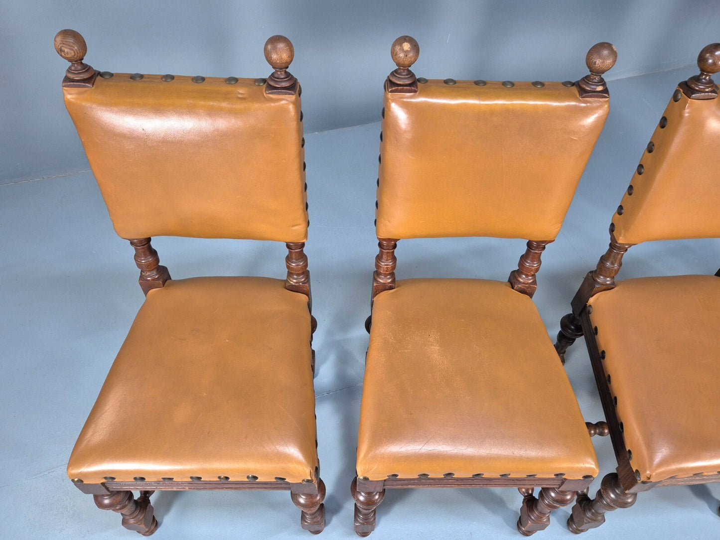 6 Vintage Danish Baroque Style Dining Chairs Tan Leather and Oak 50s EB9747 VDIN - UKDK FURNITURE